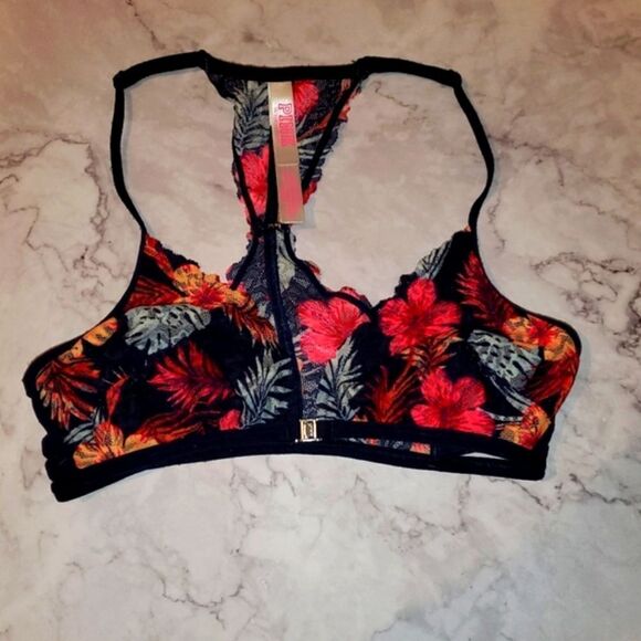 PINK VS Tropical Hibiscus Floral Wireless Front Closure Lined Lace Bralette - Picture 2 of 5